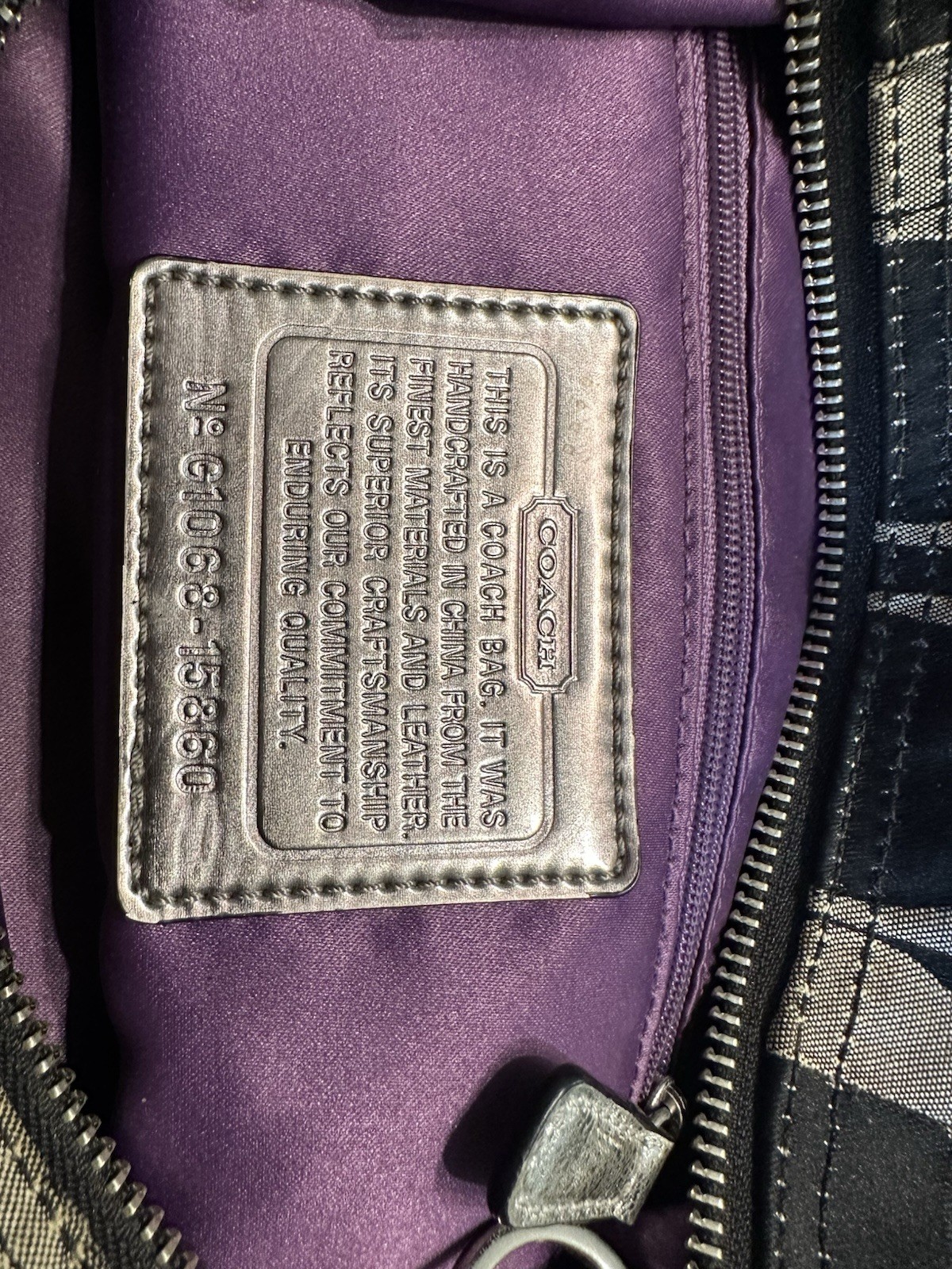 Coach Poppy Signature Logo Satchel Top Handle Bag Black Gray Zip Purple Lining
