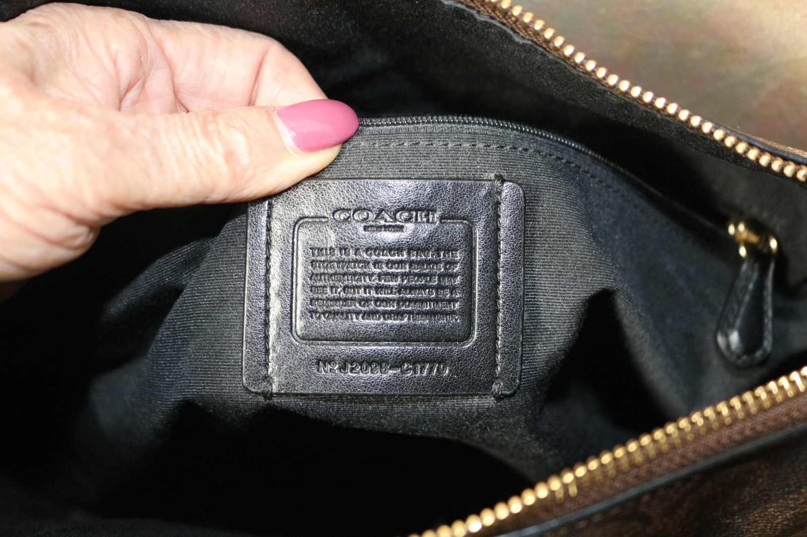 COACH SLIMLINE SIGNATURE C, LT & DK BROWN, BLACK ACCENTS, TWO SIDE ZIPPERS