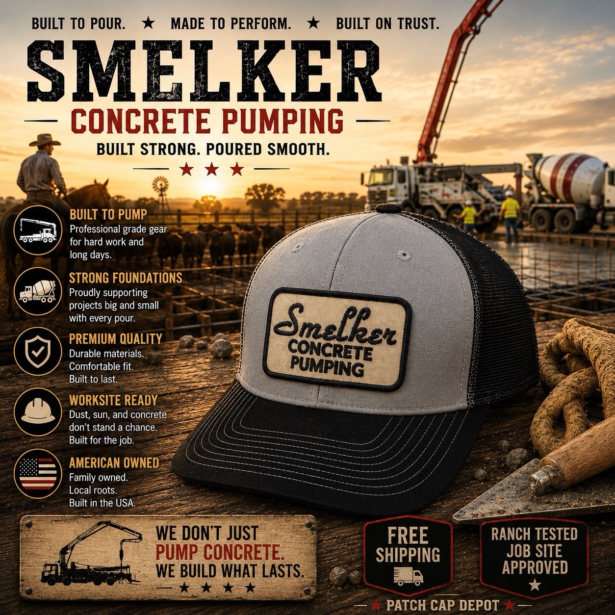Smelker Concrete Pumping Patch Hat – Richardson 112 Trucker Cap – Free Ship