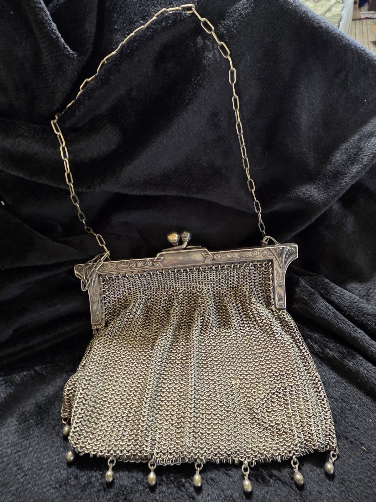 1900s Edwardian JWR Co. German Silver Chainmail Mesh Bag With Personalized Note