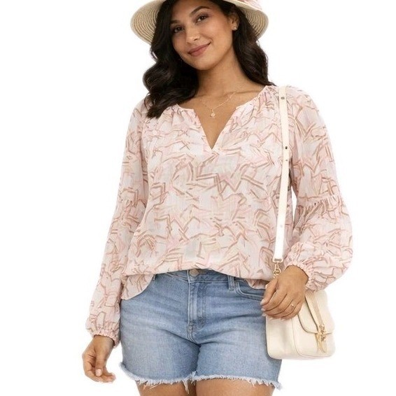 WHBM Size 4 Brookside Boho Pink Cream Print Blouse White House Black Market