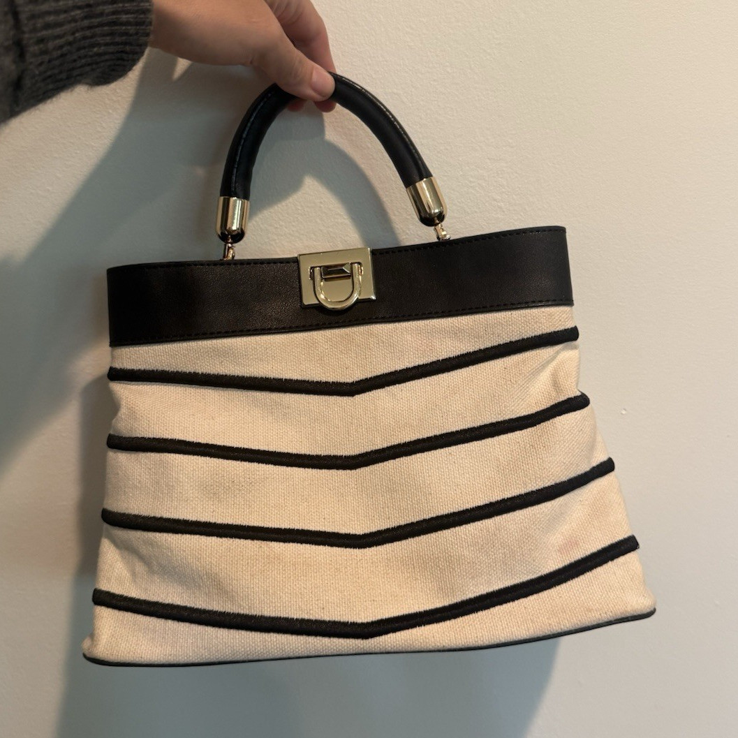 Black & Ivory Striped Top Handle Bag Turn Lock Gold Hardware Inner Pockets