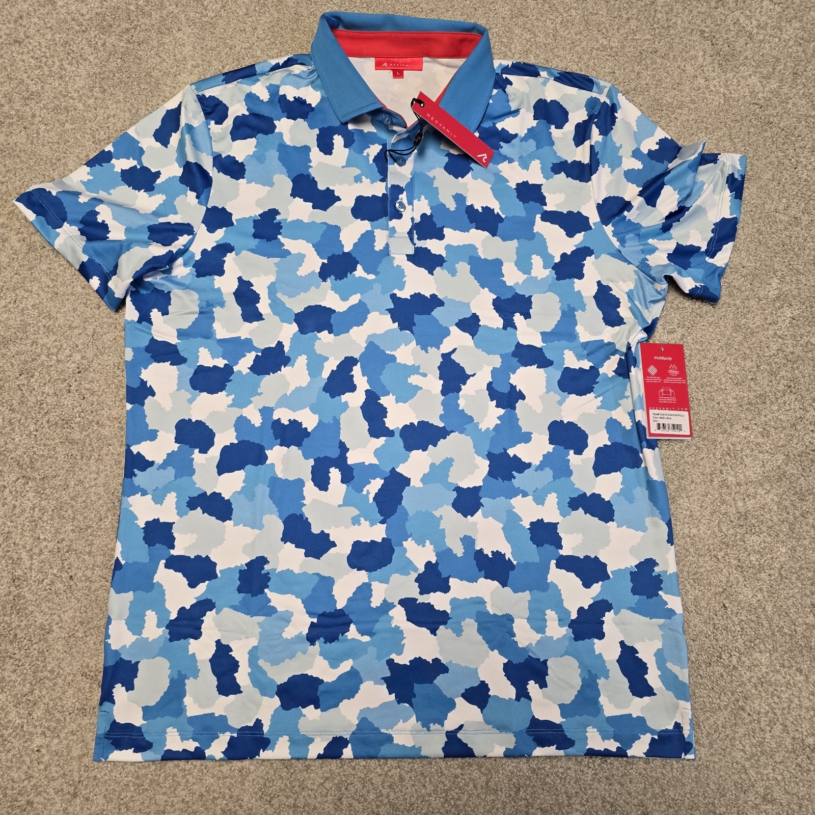 Redvanly Dawson Polo Shirt Large Malibu Blue Camo Golf Athletic Performance NWT