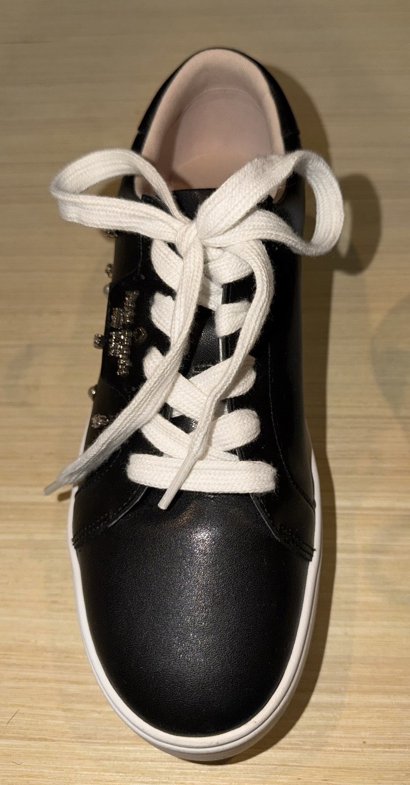 Kate Spade Selena Pearl Rhinestone Lace Up Sneakers Black Leather Women’s 9.5