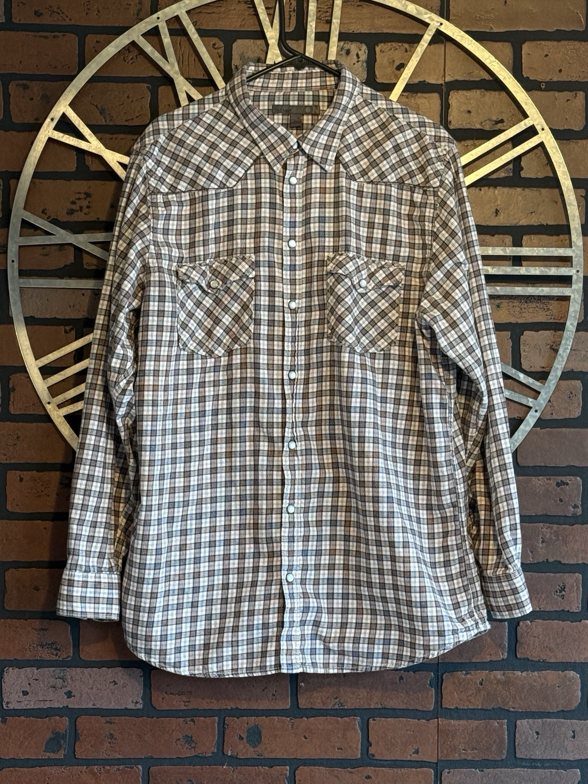 Men’s Old Navy Pearl Snap Button Up Long Sleeve Shirt Beige/Brown/Orange Size XL