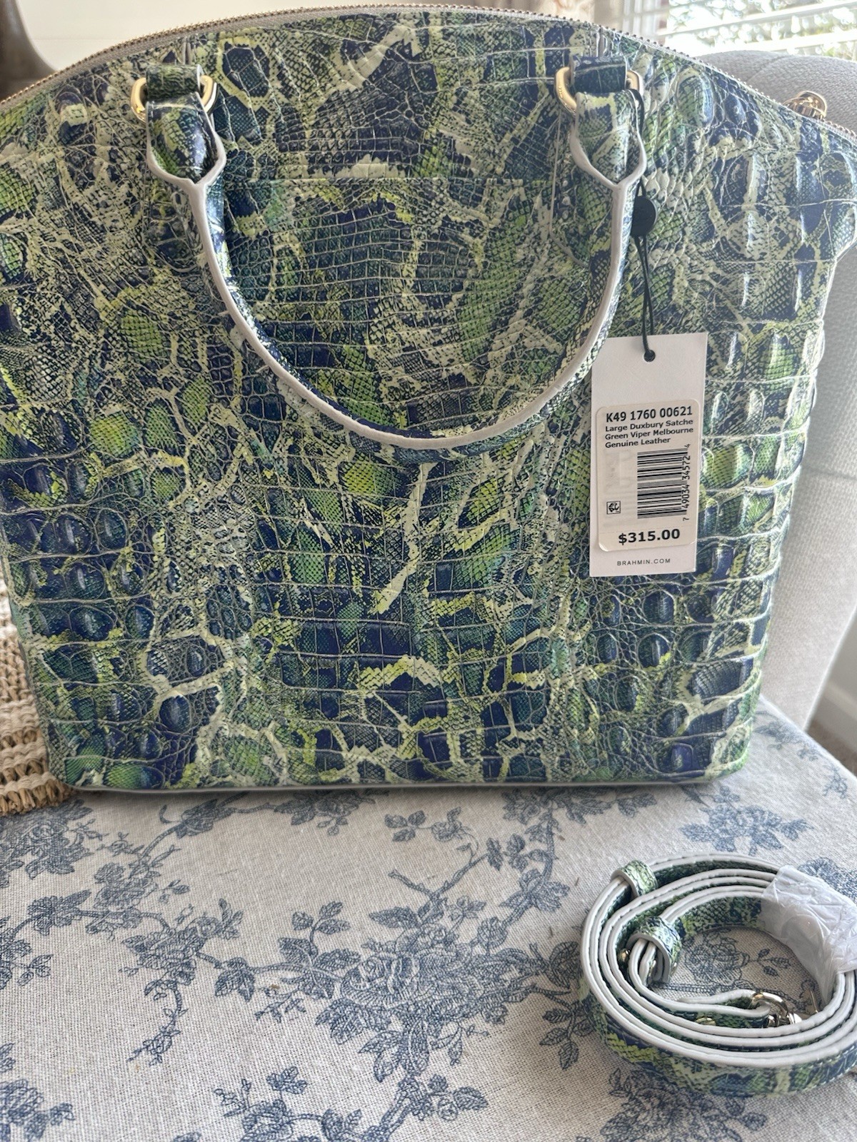 Brahmin Green Blue Snake Embossed Large Satchel Zip Double Handles Strap