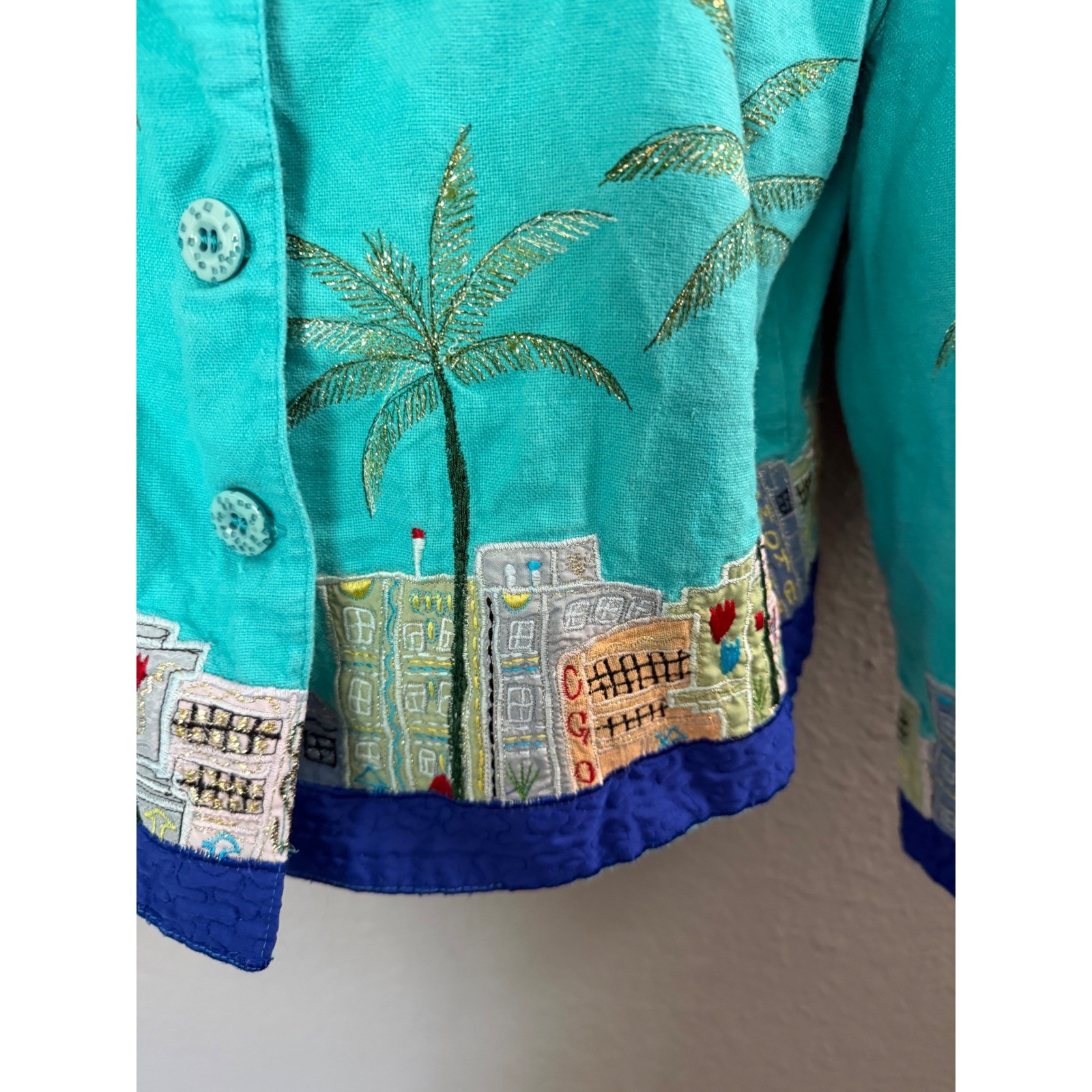 VTG Anage Jacket S Teal Palm Tree Cityscape Applique Travel Novelty Art To Wear