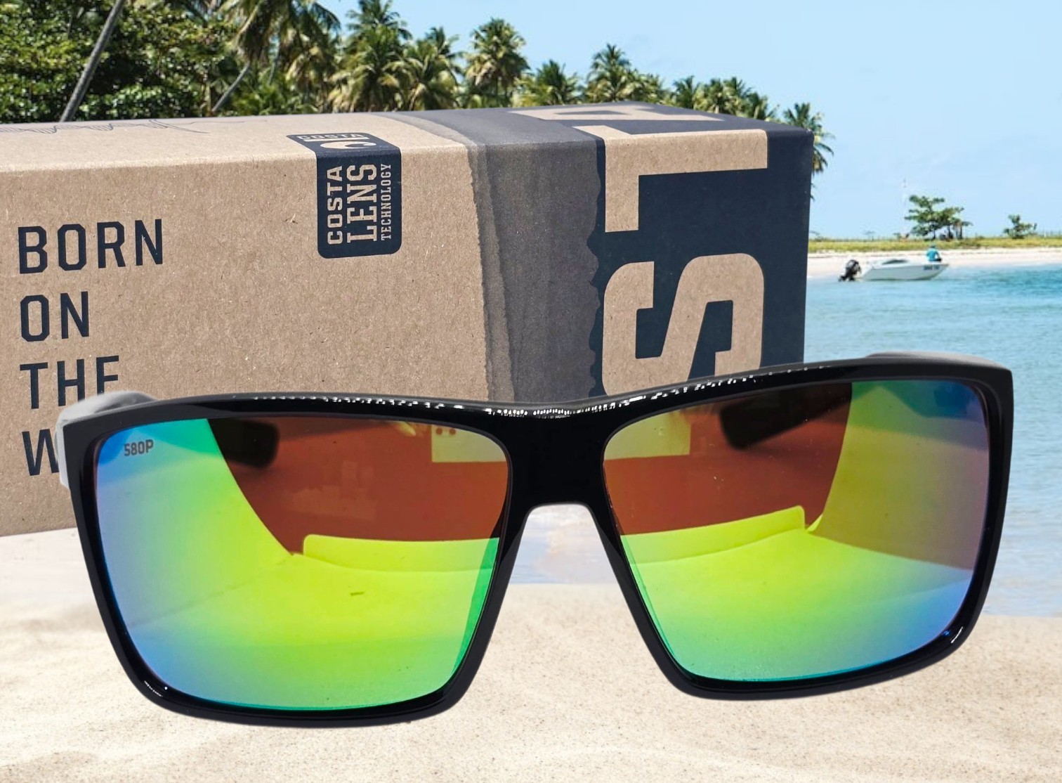 COSTA DEL MAR shiny black/green mirror RINCON polarized 580P sunglasses NEW!