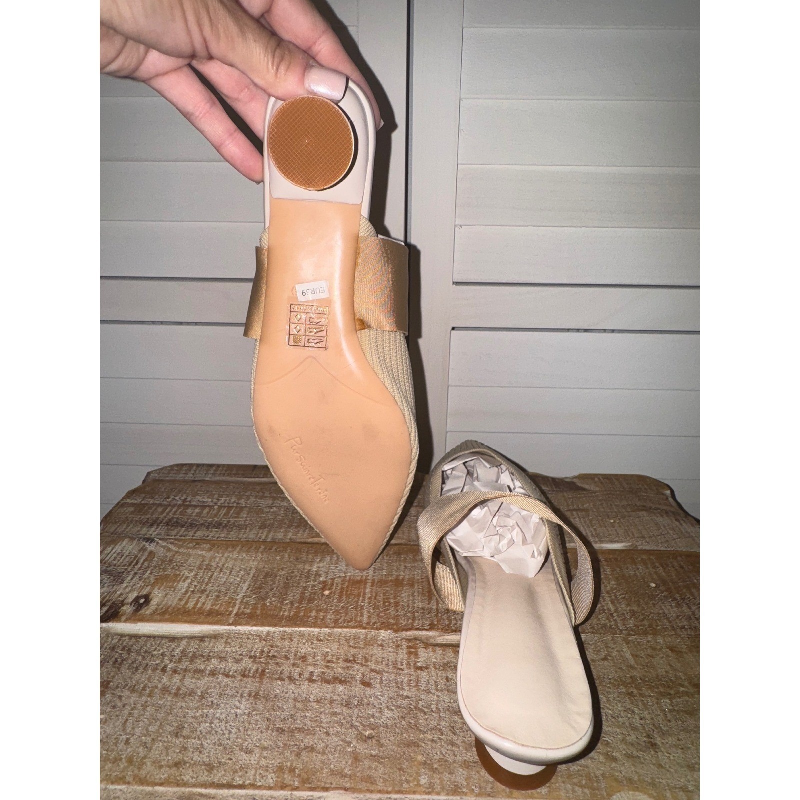 Womens Pointed Toe Knit Mules Heeled Slip On Slides Summer Beige Size 39 (8.5)