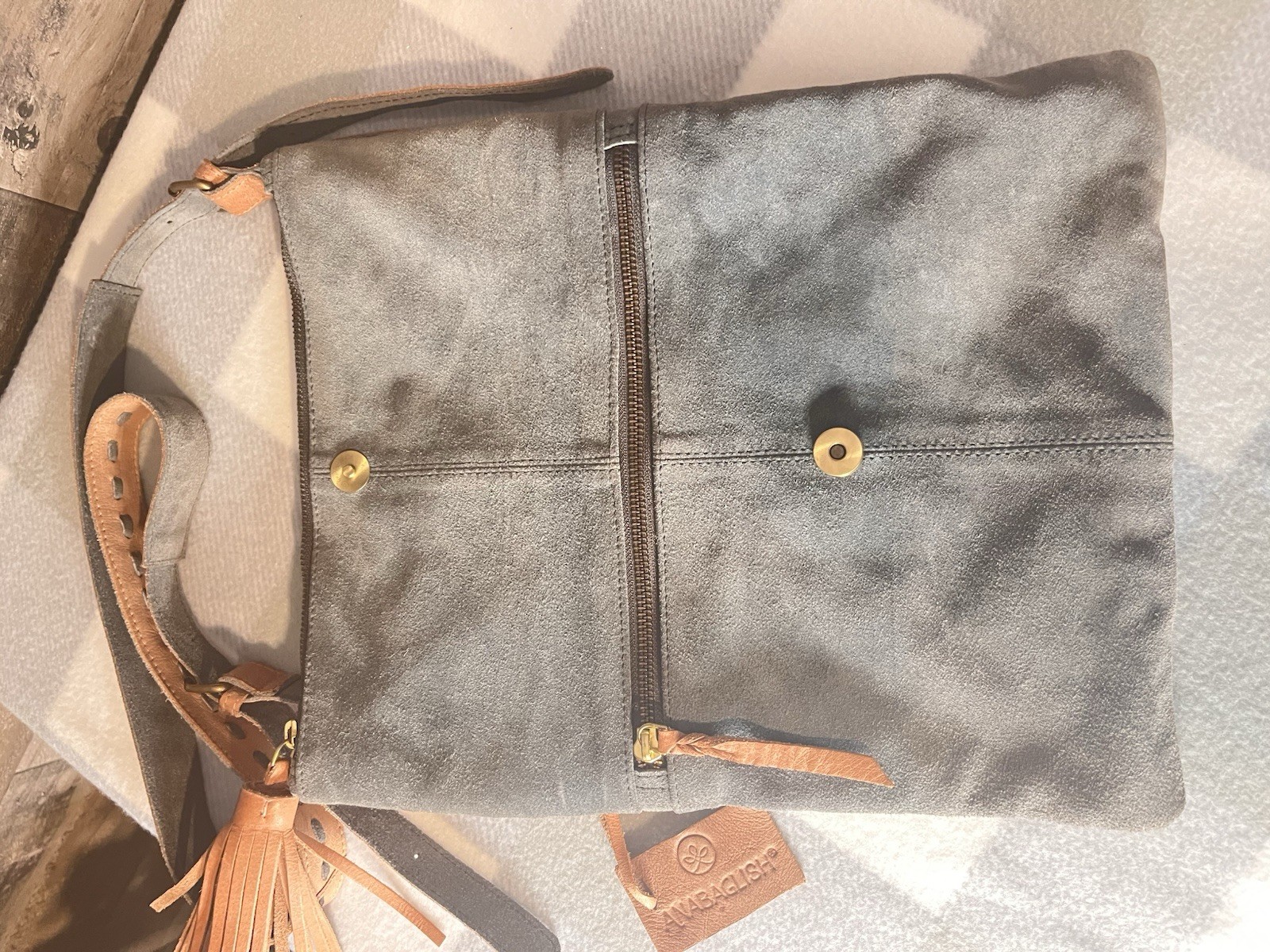 Anabaglish Leather Suede Woven Foldover Crossbody Bag Tassel Boho Brown/Gray
