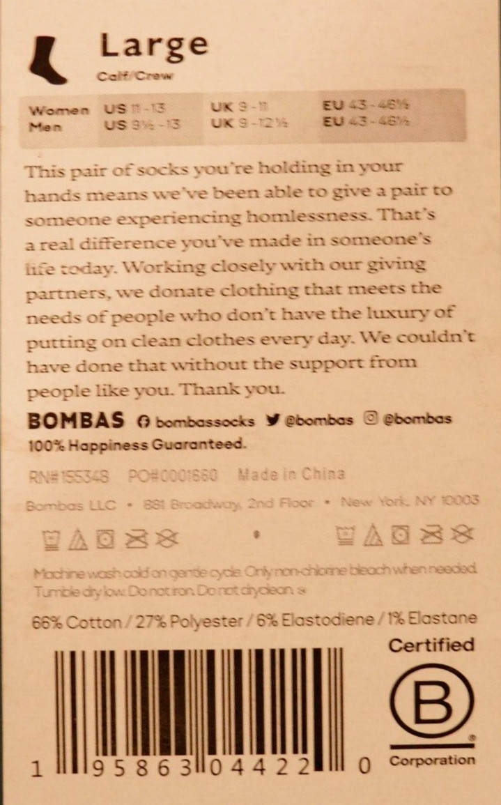 NEW! 8 Pack GIFT BOX, Men’s BOMBAS Assorted Colors Socks; Size Large!