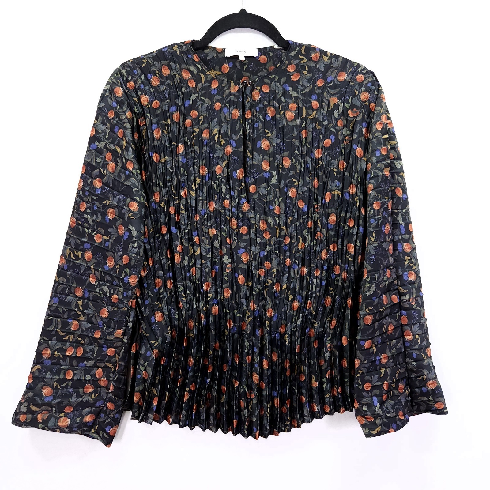 Vince Floral Pomegranate Print Pleated Keyhole Neck Long Sleeve Blouse Size XS