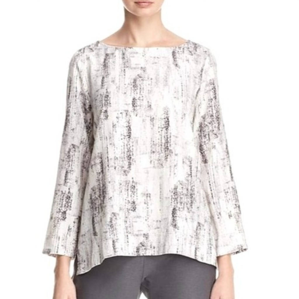 Eileen Fisher Women’s Abstract Print Blouse White and Black High Low EUC Size M