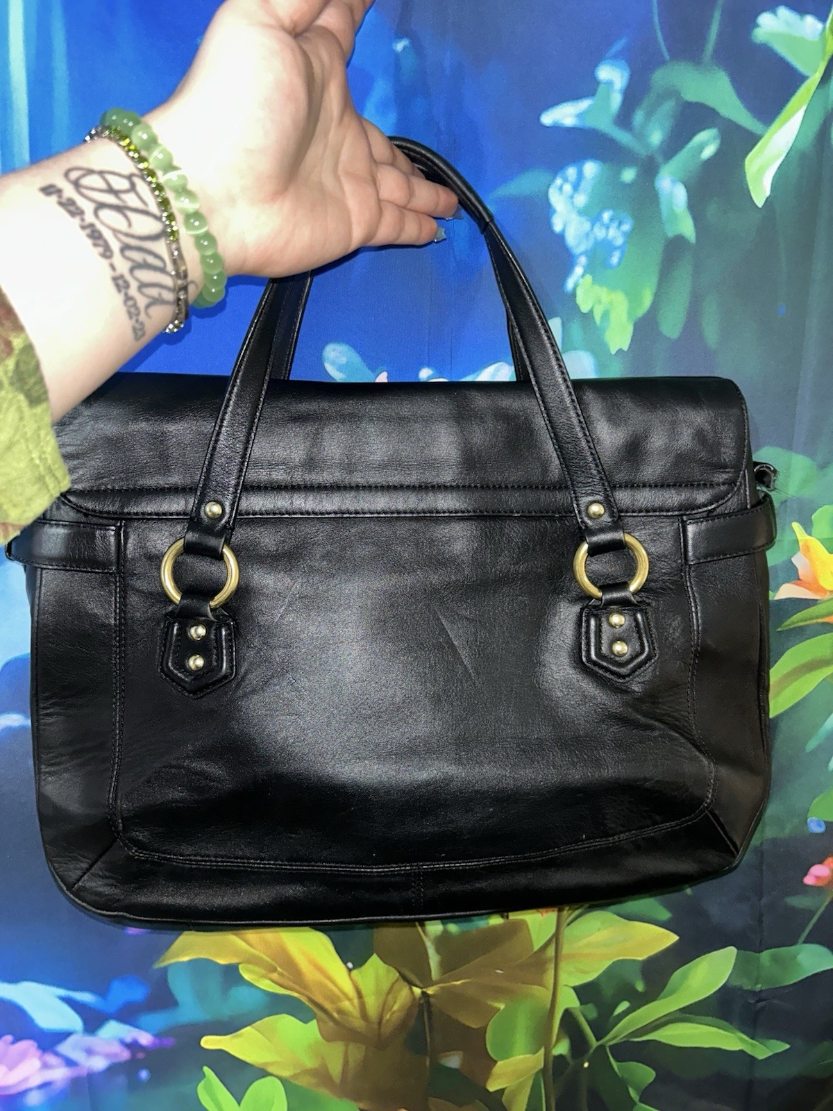 Women’s Black Satchel Top Handle Bag Double Handles Buckle Gold Hardware Lined