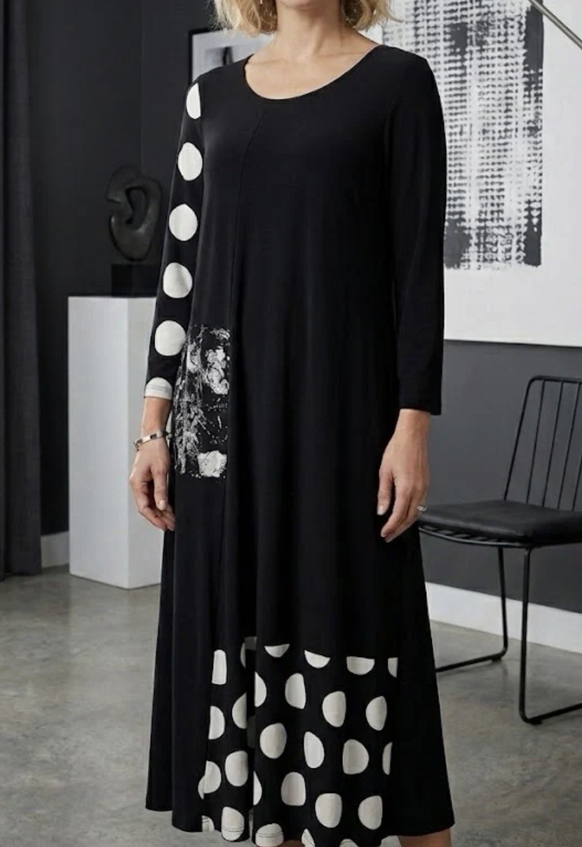 Alembika Abstract Art Swing Dress Lagenlook Artsy Dots Knit Black Women’s 2