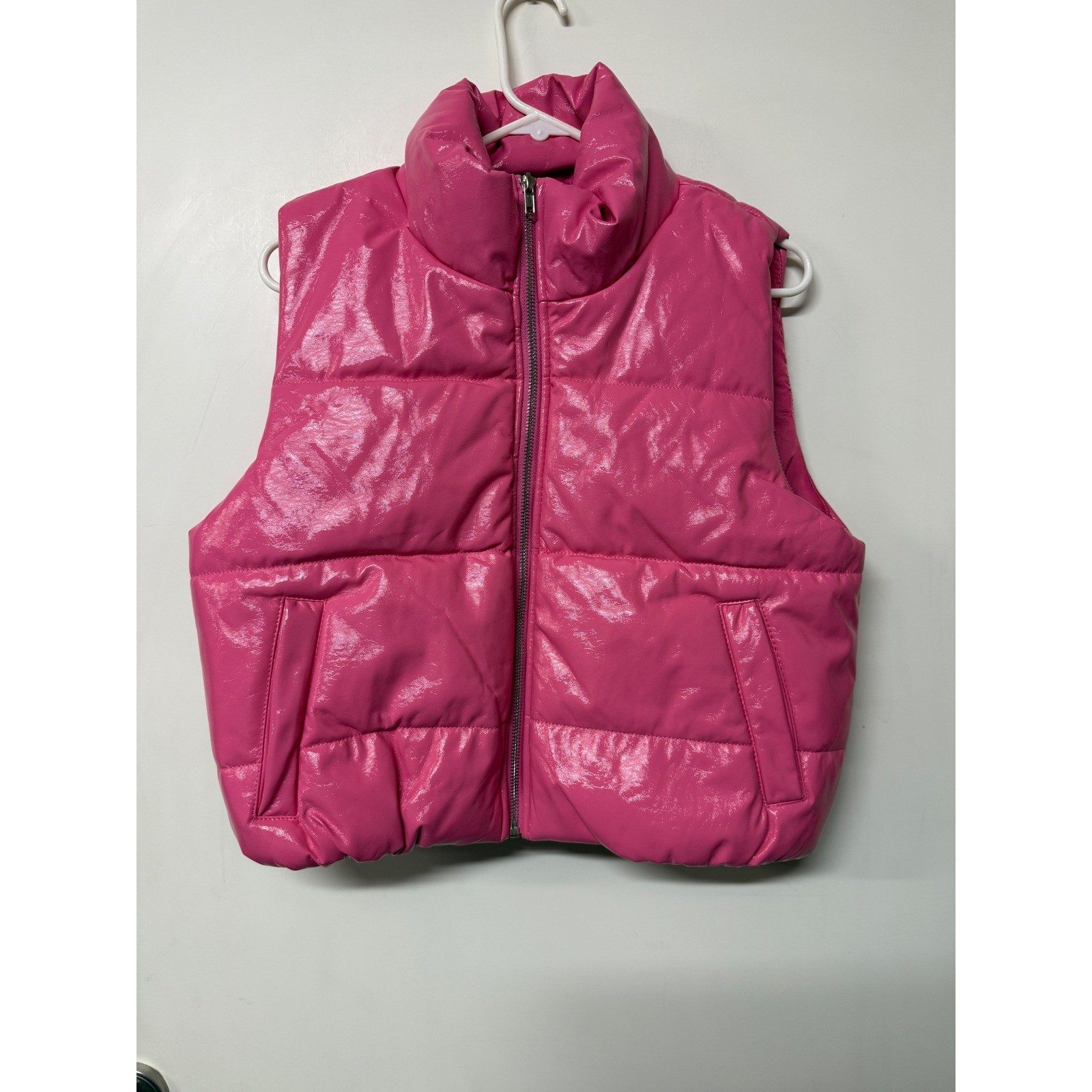 Ambiance Outerwear Womens Large Pink Patent Puffer Vest Shiny Quilted Zip Jacket