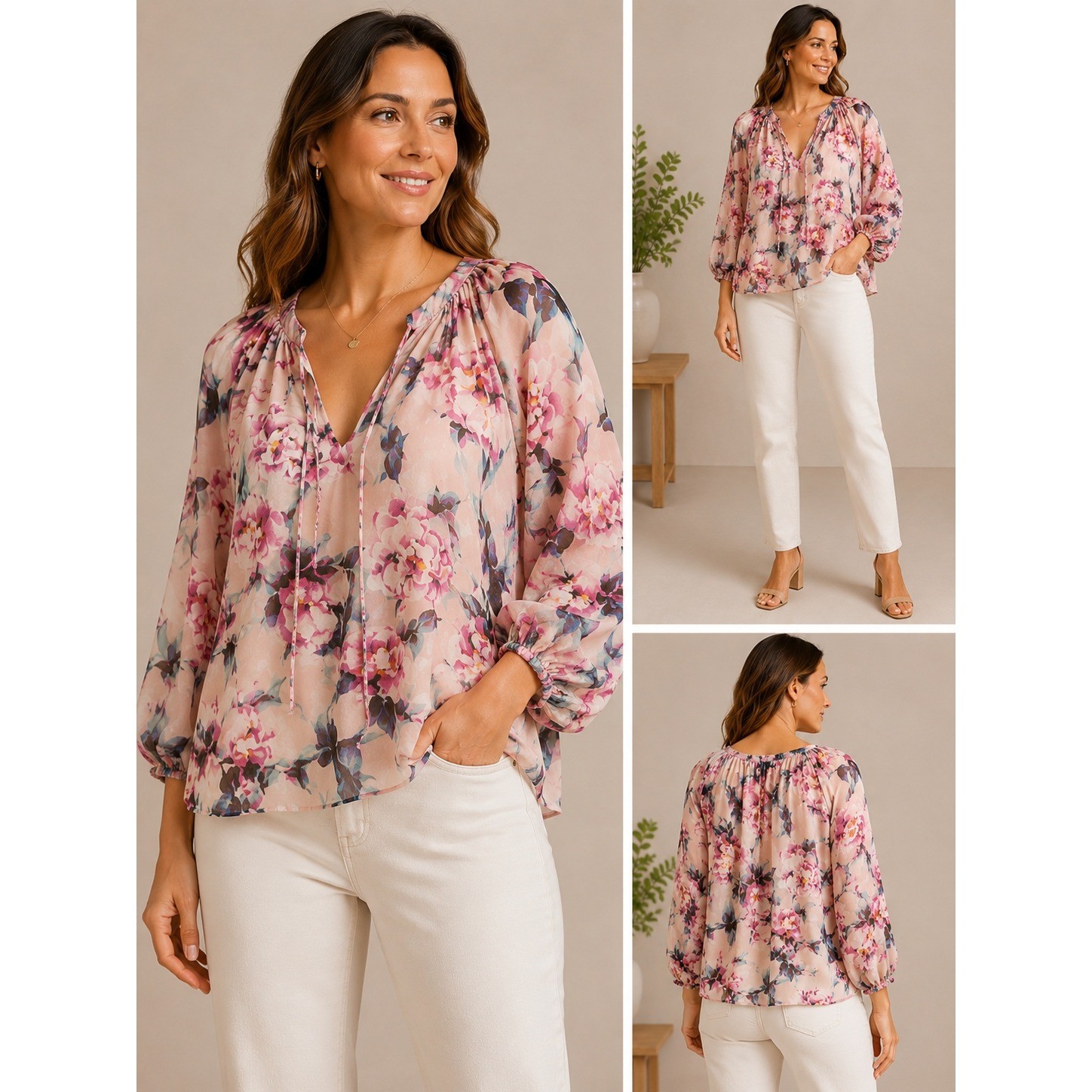 Lavender Brown Pink Floral 100% Silk V-Neck Tie Shift Tunic Top Womens Large