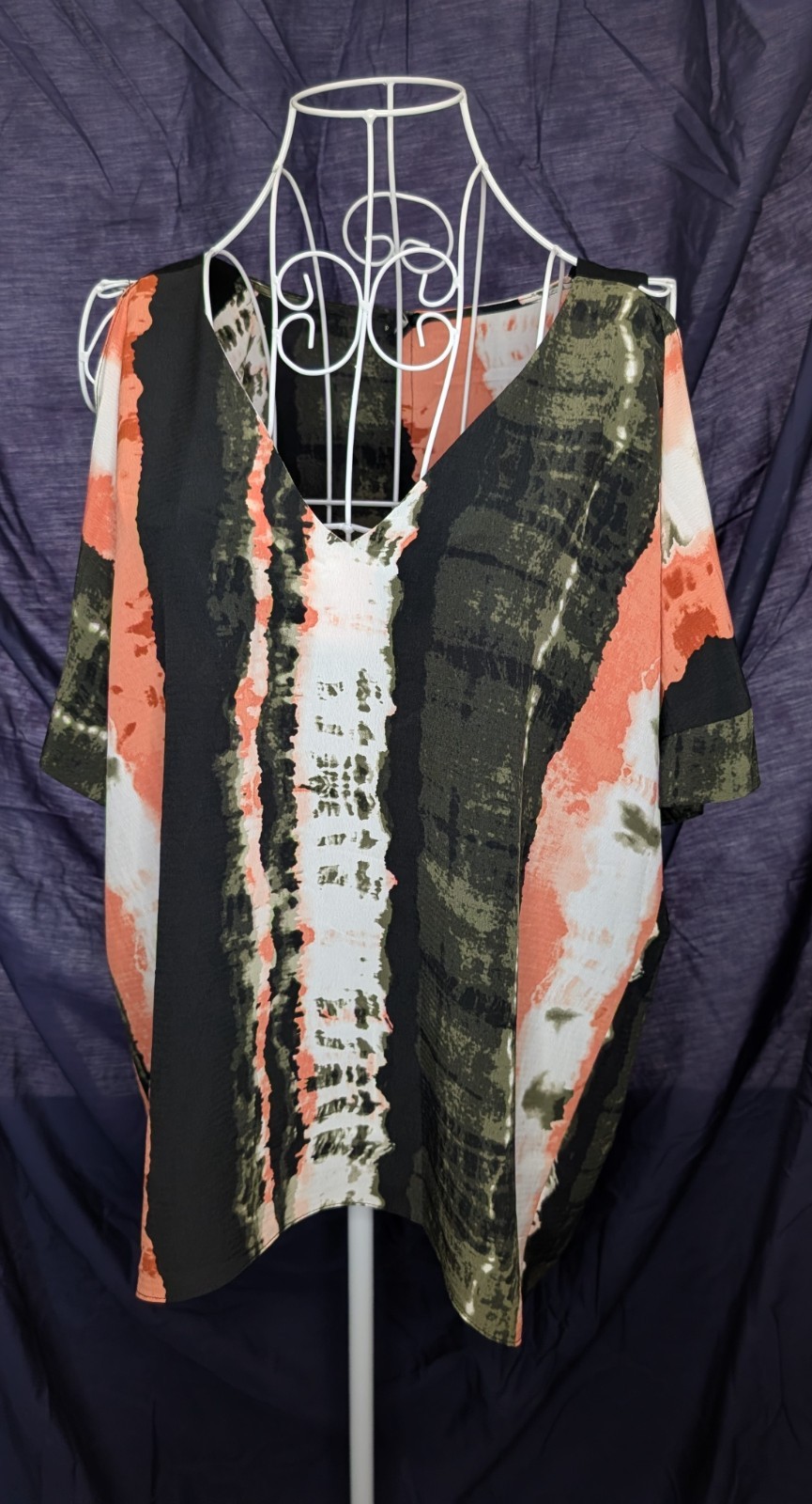 River Island Tie Dye Cold Shoulder Top | Coral Olive Khaki Black | Size 14