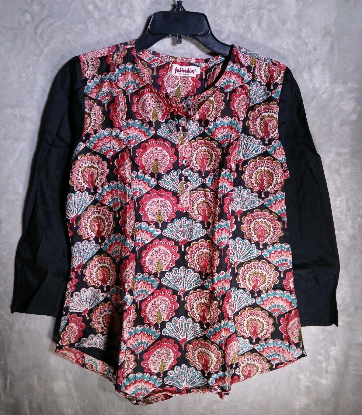 Fab India Womens M Blouse Red Silk Blend Split Neck Peacock 3/4 Sleeve Top