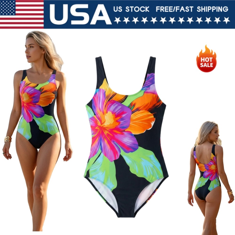 Tropical Floral Print Women One Piece Bathing Suit Sleeveless U Neck Swimwear
