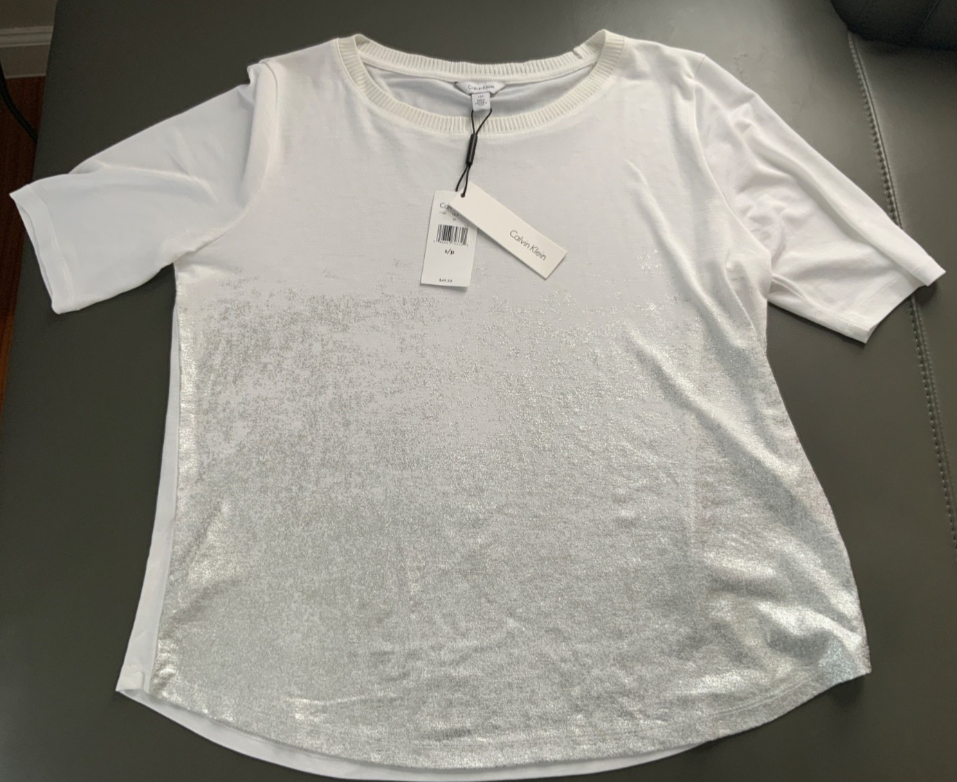 Calvin Klein White Silver Shiny Jersey Top, Size S, New