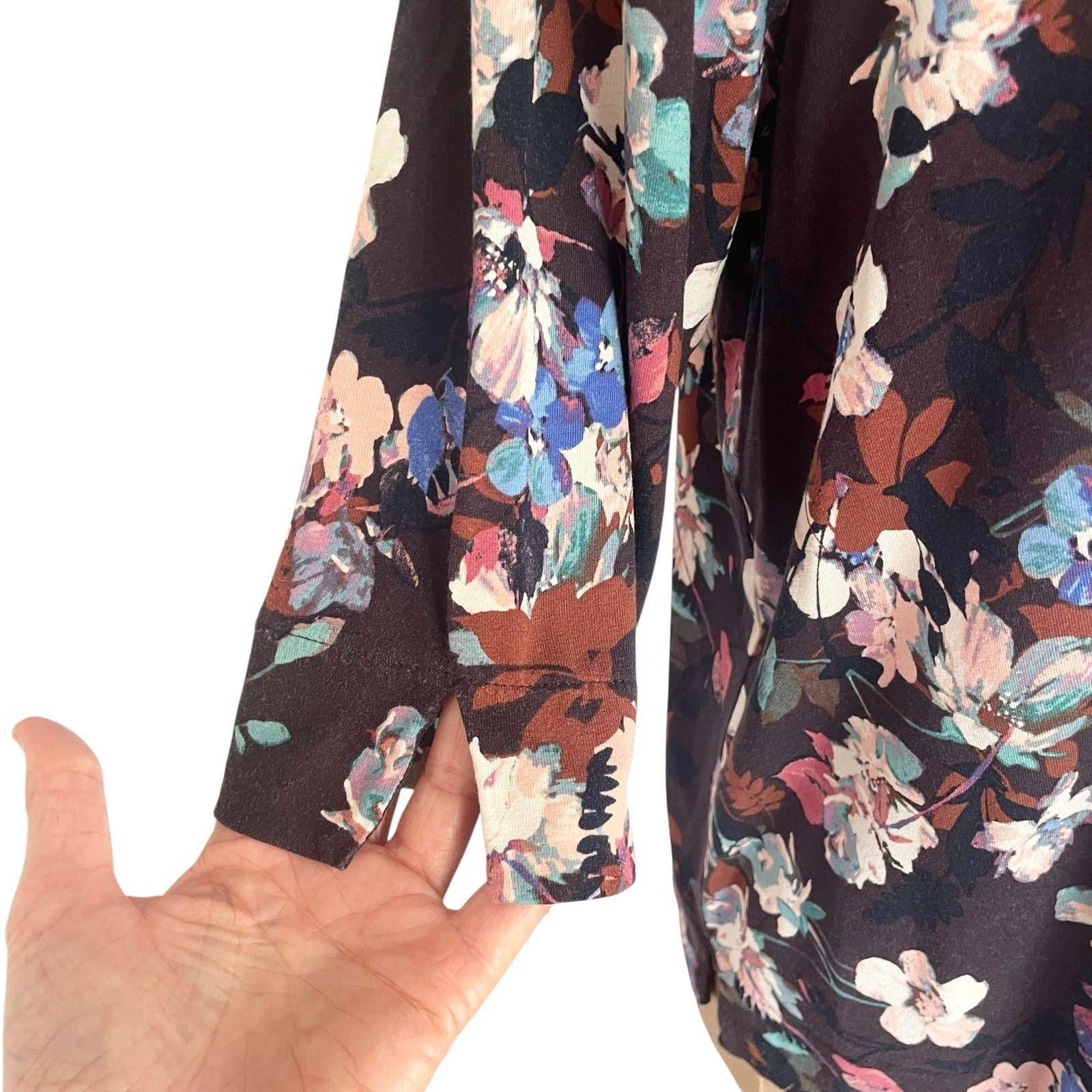 J. Jill Wearever Brown Blue Floral 3/4 Sleeve Tee Sz XLp Casual Office Work Wear