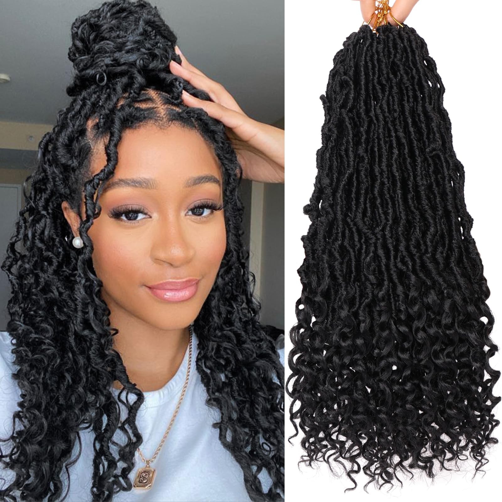 18 Inch Goddess Faux Locs Crochet Hair with Curly 18 (Pack of 2), 1B