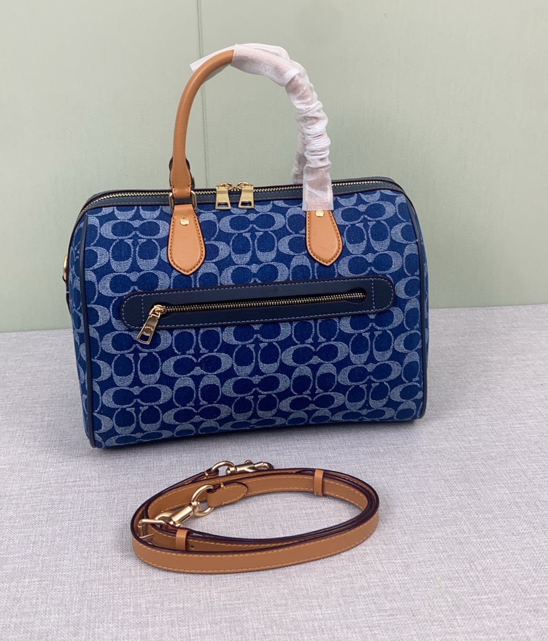 NWT CY699 Rowan Large Satchel Bag Signature Canvas Blue Brown
