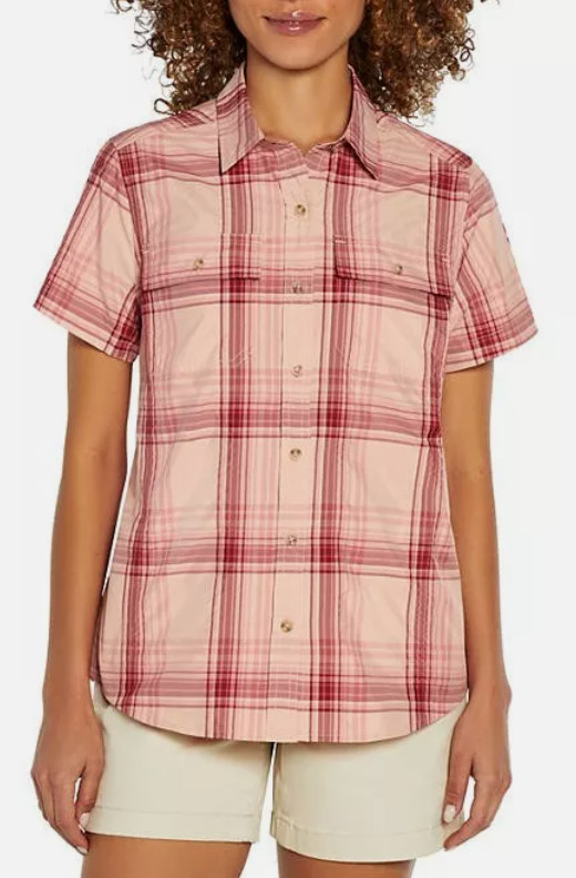 Eddie Bauer Ladies Short Sleeve Adventure Top, Large, Peach Starling Plaid