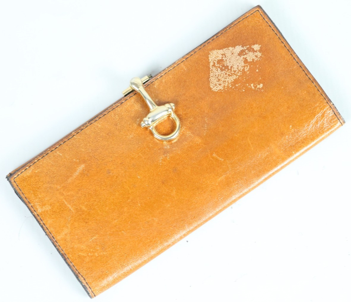 Vtg ITALY Beige Calf Leather Bifold Wallet Checkbook Organizer w/ Gold Horsebit
