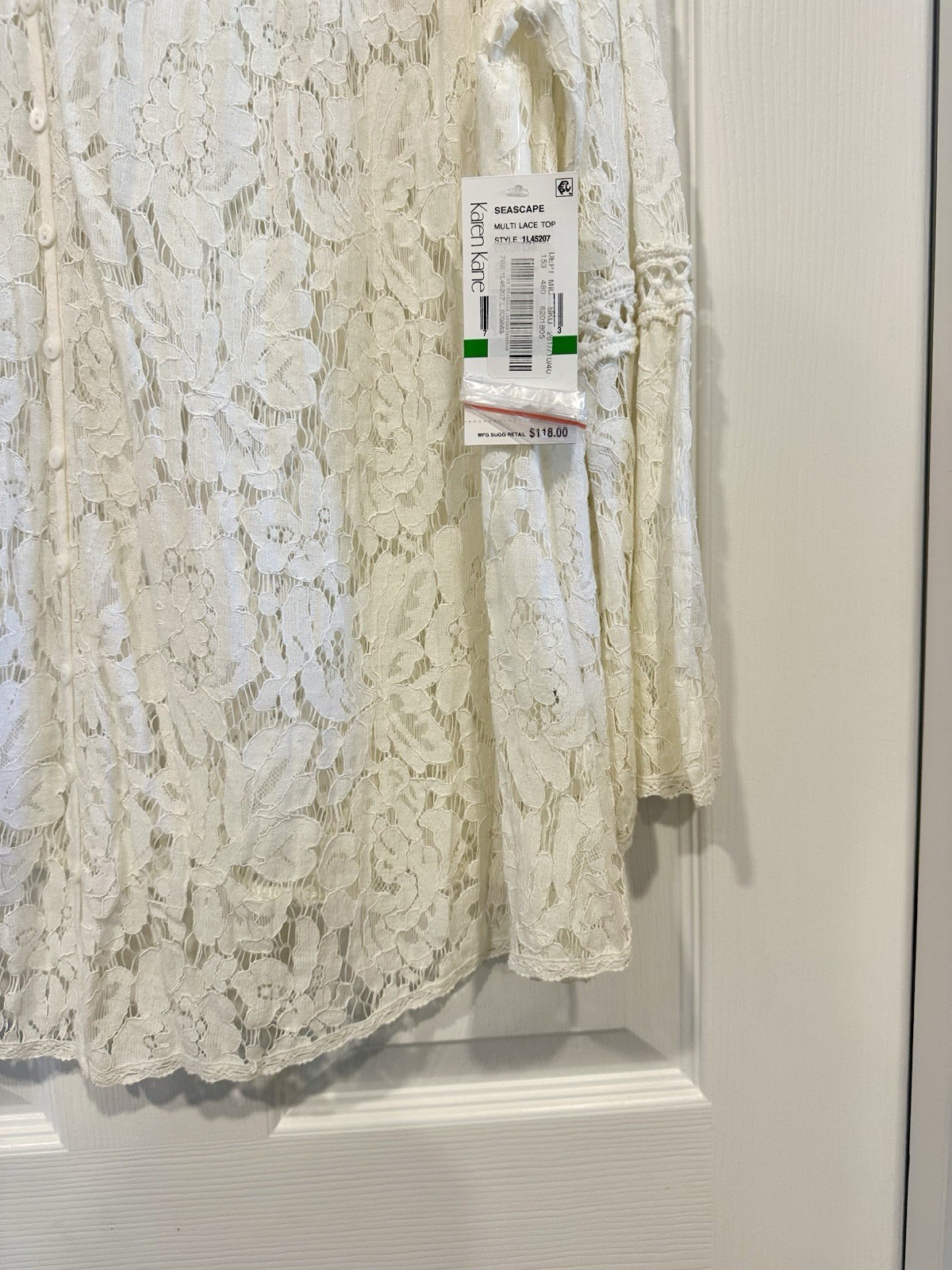KAREN KANE Seascape Multi-lace Sheer Top Ivory Color Vneck Buttons Sz L $118 NWT