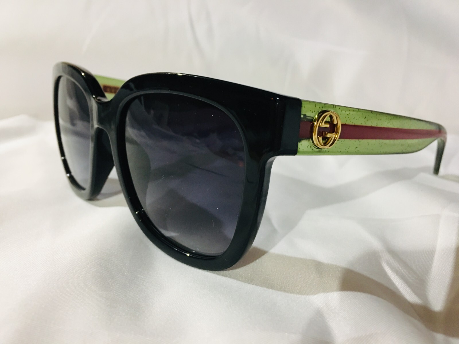 Authentic New Gucci GG0034SN 002 Black Green Red Stripe Grey Sunglasses