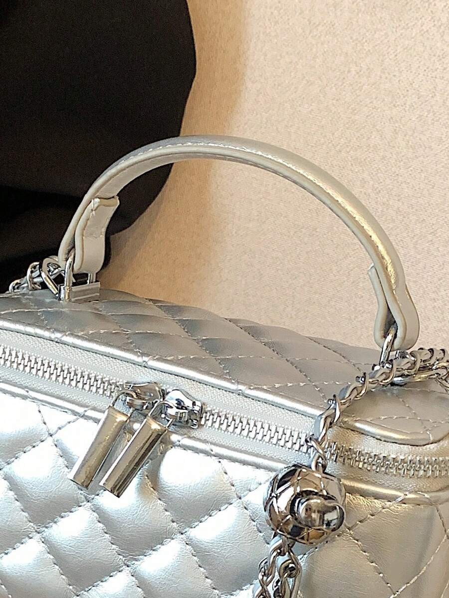 Mini Quilted Box Bag Rhinestone Embroidery Zipper Handbag Chain Strap Purse