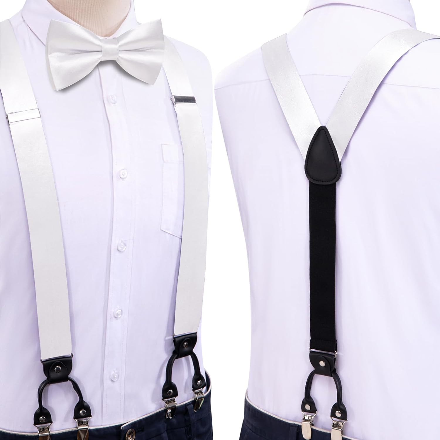 Hi-Tie Men Suspender Bowtie Set Suspenders Pre-tied Bow Tie Pocket White