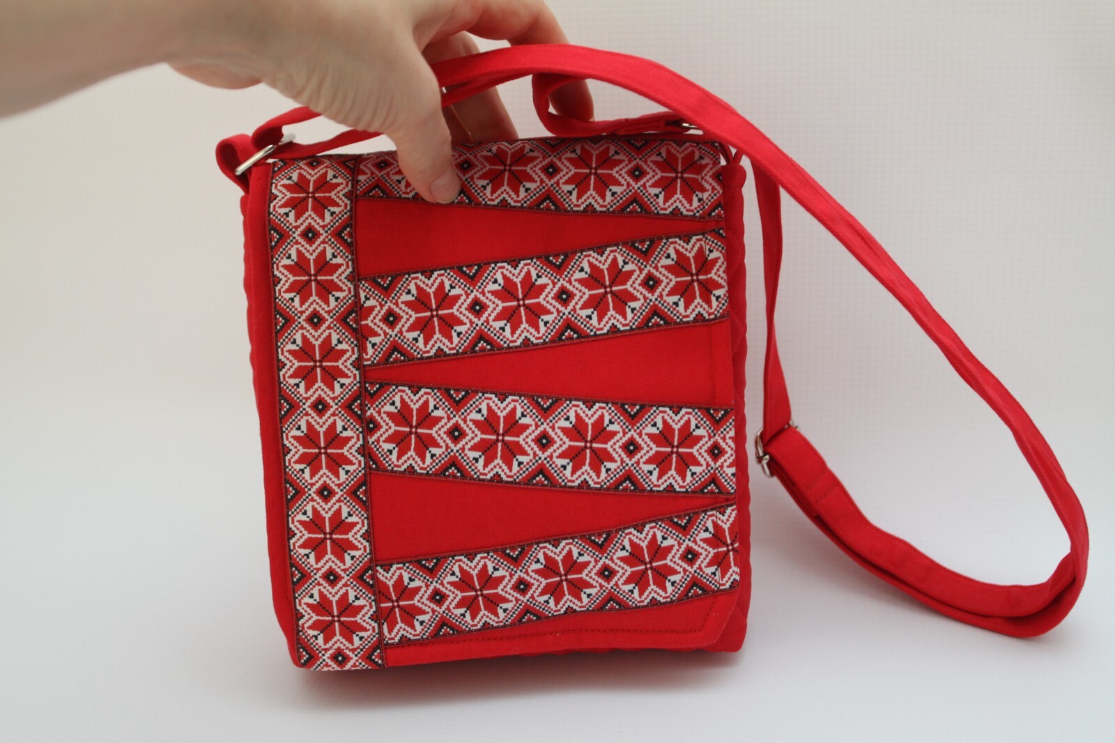 Red Natural Cotton Crossbody Bag Embroidered Adjustable Strap.