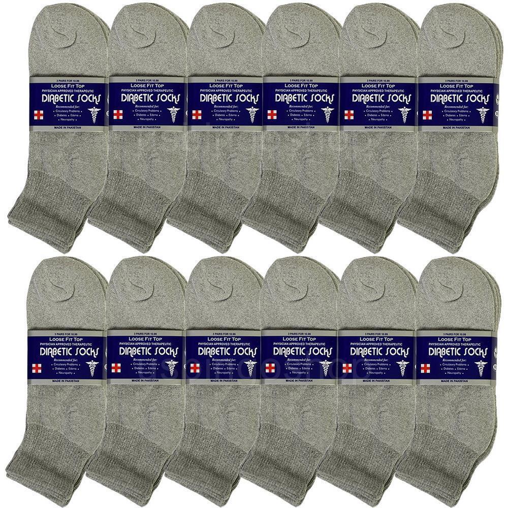 12 Pair Gray Men Cotton Circulatory Loose Fit Quarter Ankle Diabetic Socks 10-13