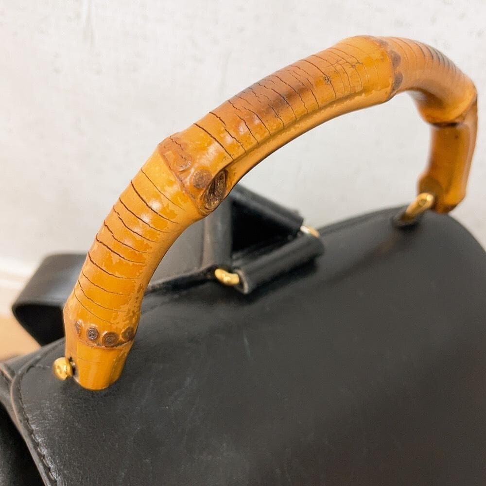 Gucci Bamboo Leather Backpack Black Vintage Turn Lock Drawstring Auth