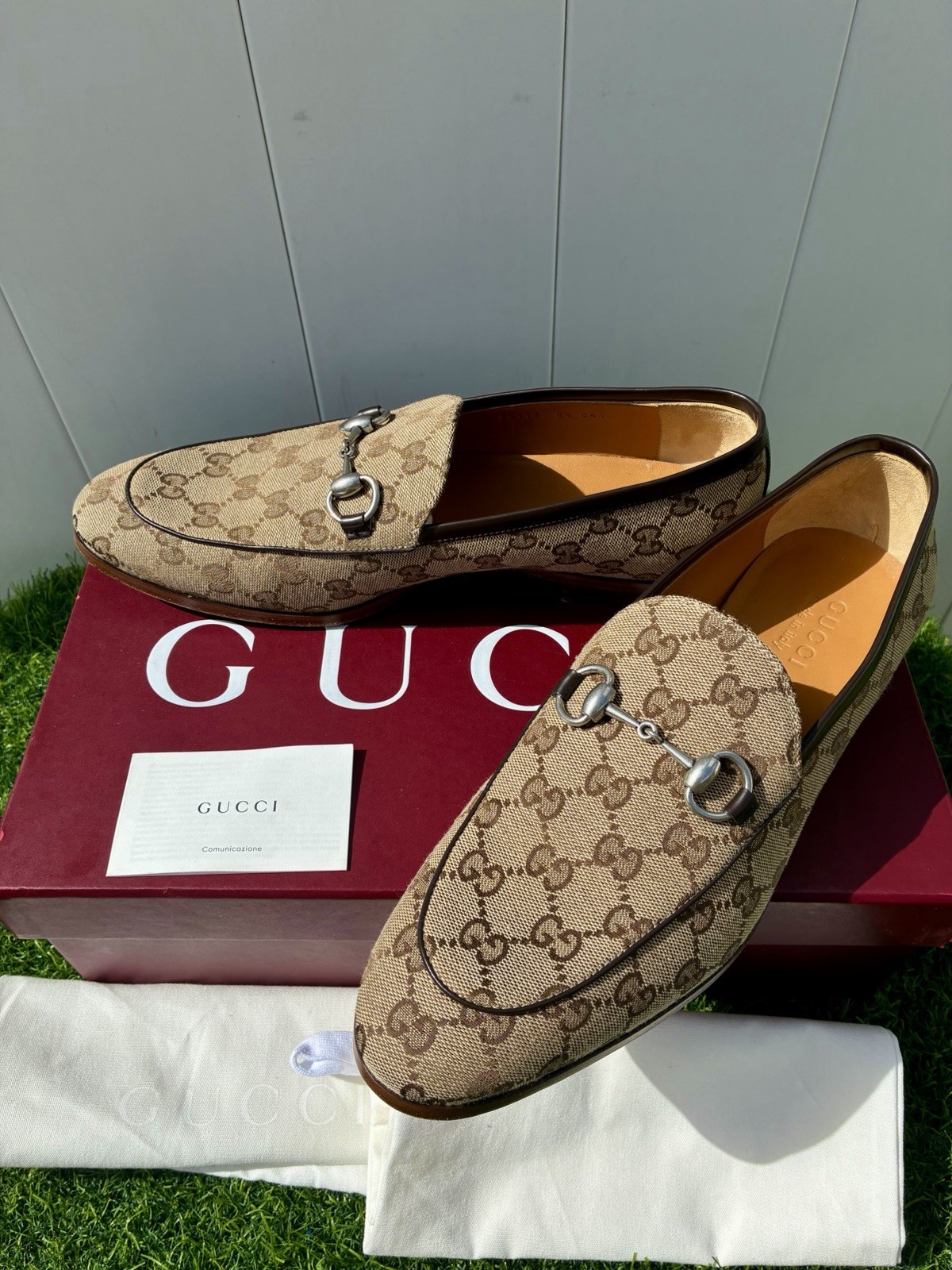 GUCCI CLASSIC BEIGE EBONY GG SUPREME MONOGRAM HORSEBIT JORDAAN LOAFERS G8.5 US9