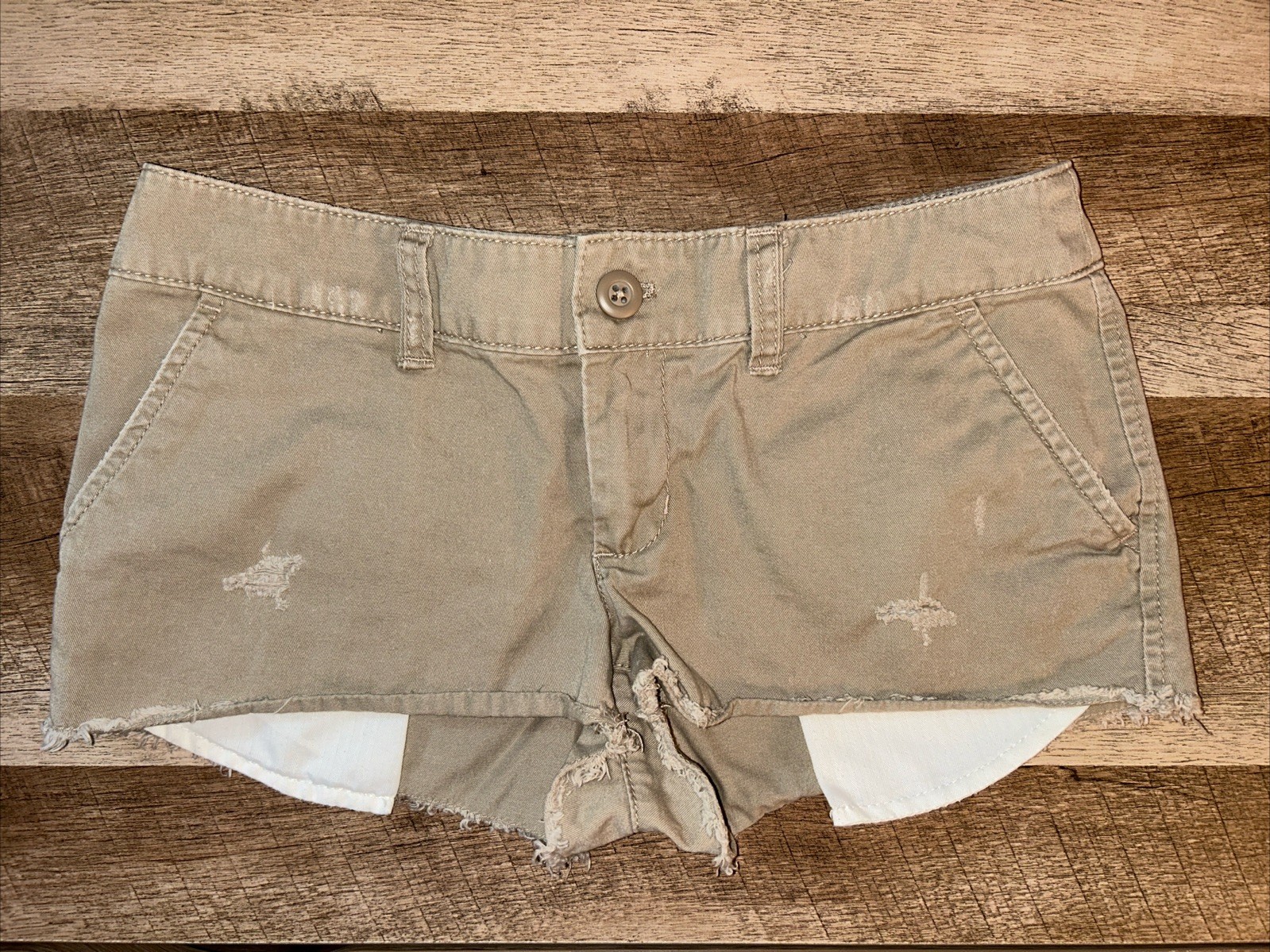London Jean Khaki Distressed Y2K Short Shorts Size 2 RN 80763