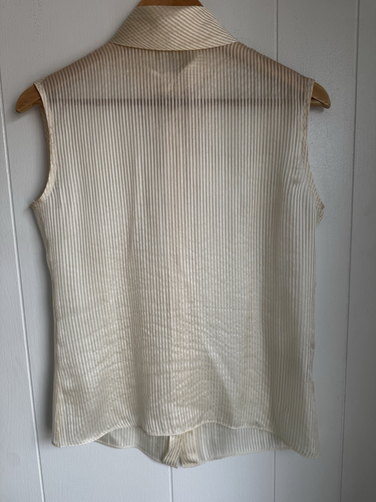 St. John 100% Silk Satin Sleeveless Collared Button-Up Striped Ivory 4