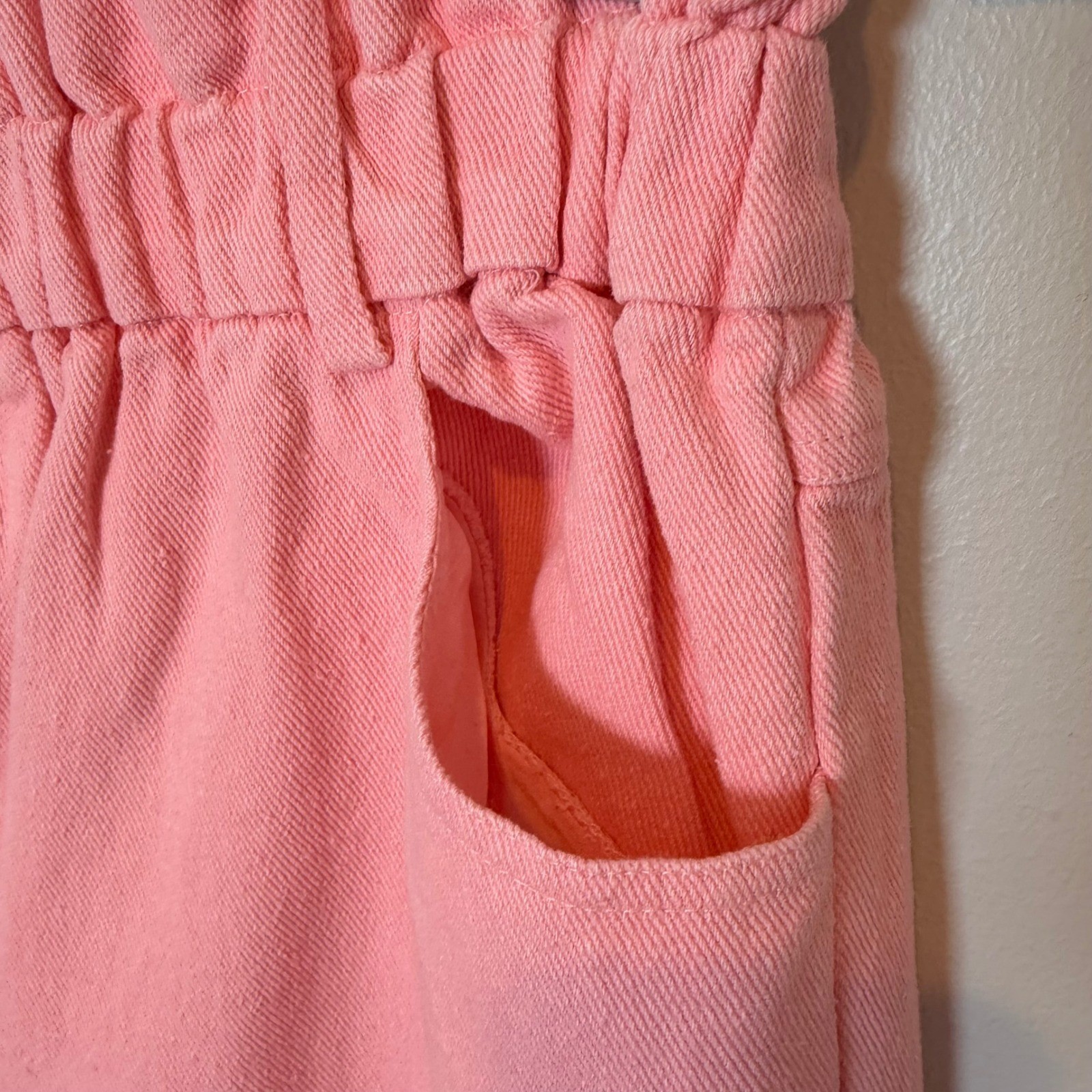 Pastel Pink Cotton Denim Paperbag Shorts (M) Summer Beachy Girly Casual Elastic