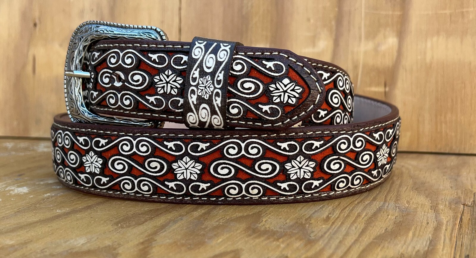 BROWN WESTERN BELT HAND TOOLED GENUINE LEATHER COWGIRL COWBOY RODEO BELT