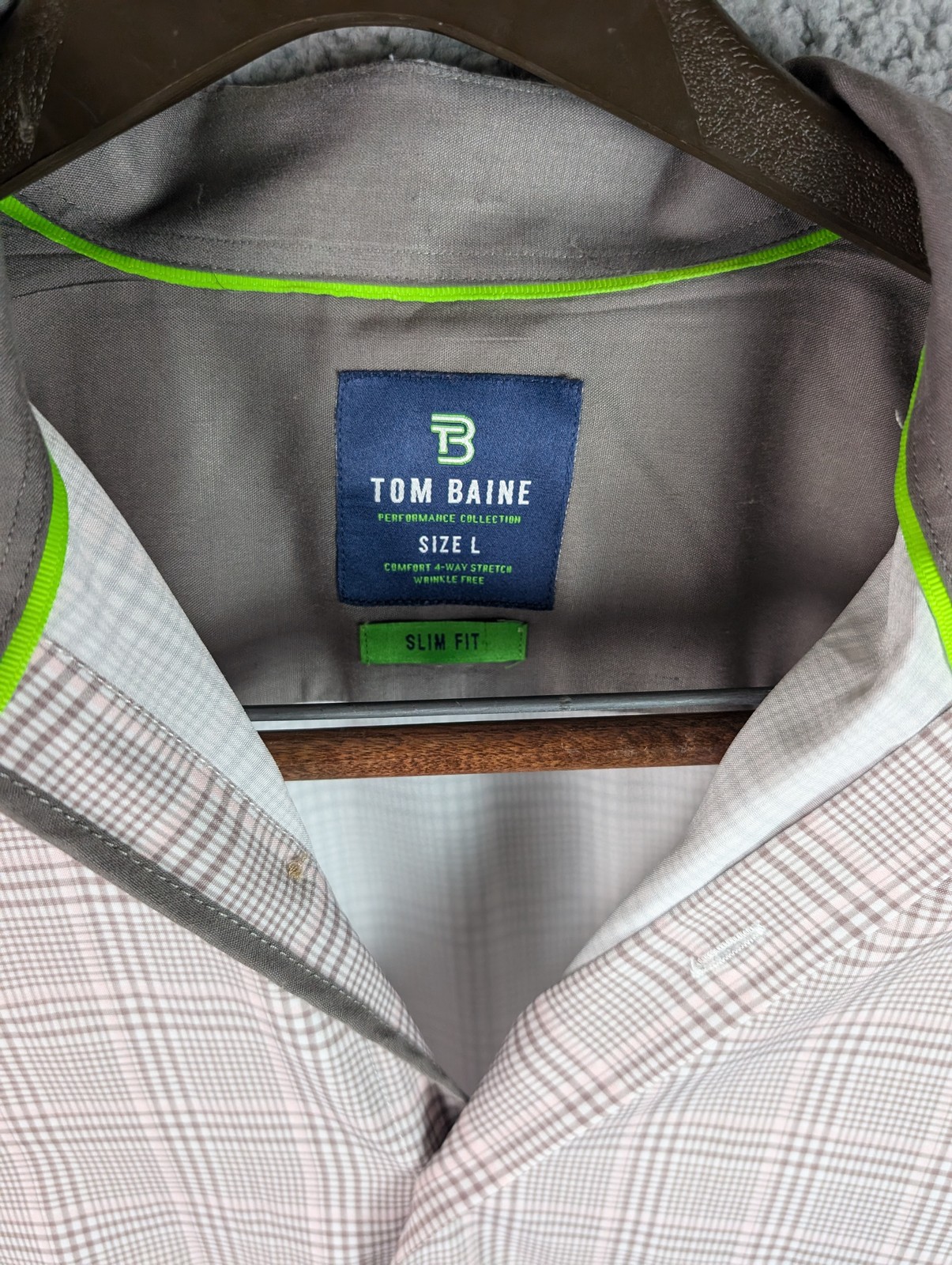 Tom Baine Shirt Mens Large Pink Gray Plaid Button Down Slim Fit Stretch Casual