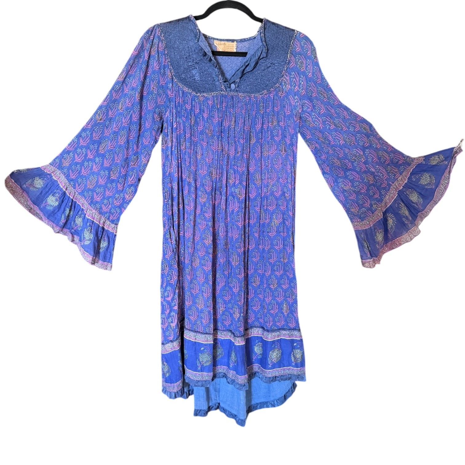Vintage 60s 70s OH CALCUTTA India Cotton Gauze block print angel sleeve dress