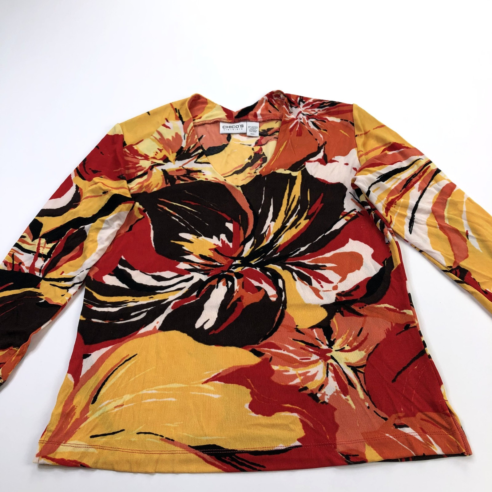 Chico’s Travelers 1 Slinky Knit Multicolor Floral Print V-Neck 3/4 Sleeve Top