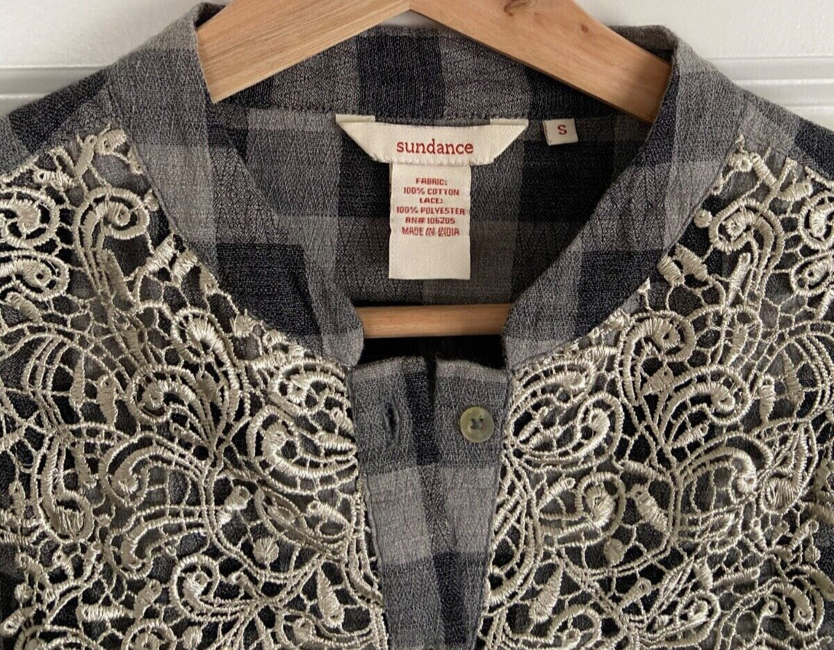 Sundance Plaid Lace Shirt S Gray Check Button Up Western Cowgirl Redford Cassidy