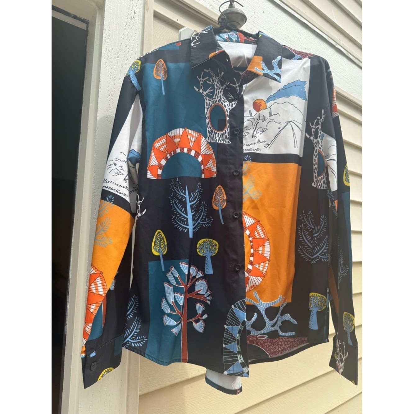 Graphic Patchwork Button-Up Shirt in Black, Teal & Orange