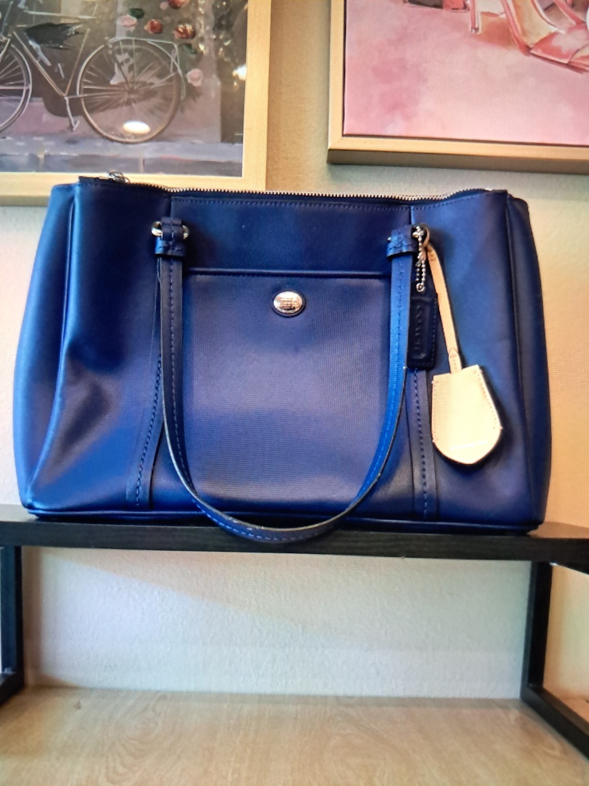 Coach Blue Satchel Top Handle Bag Zip Closure Silver Hardware Inner Pockets