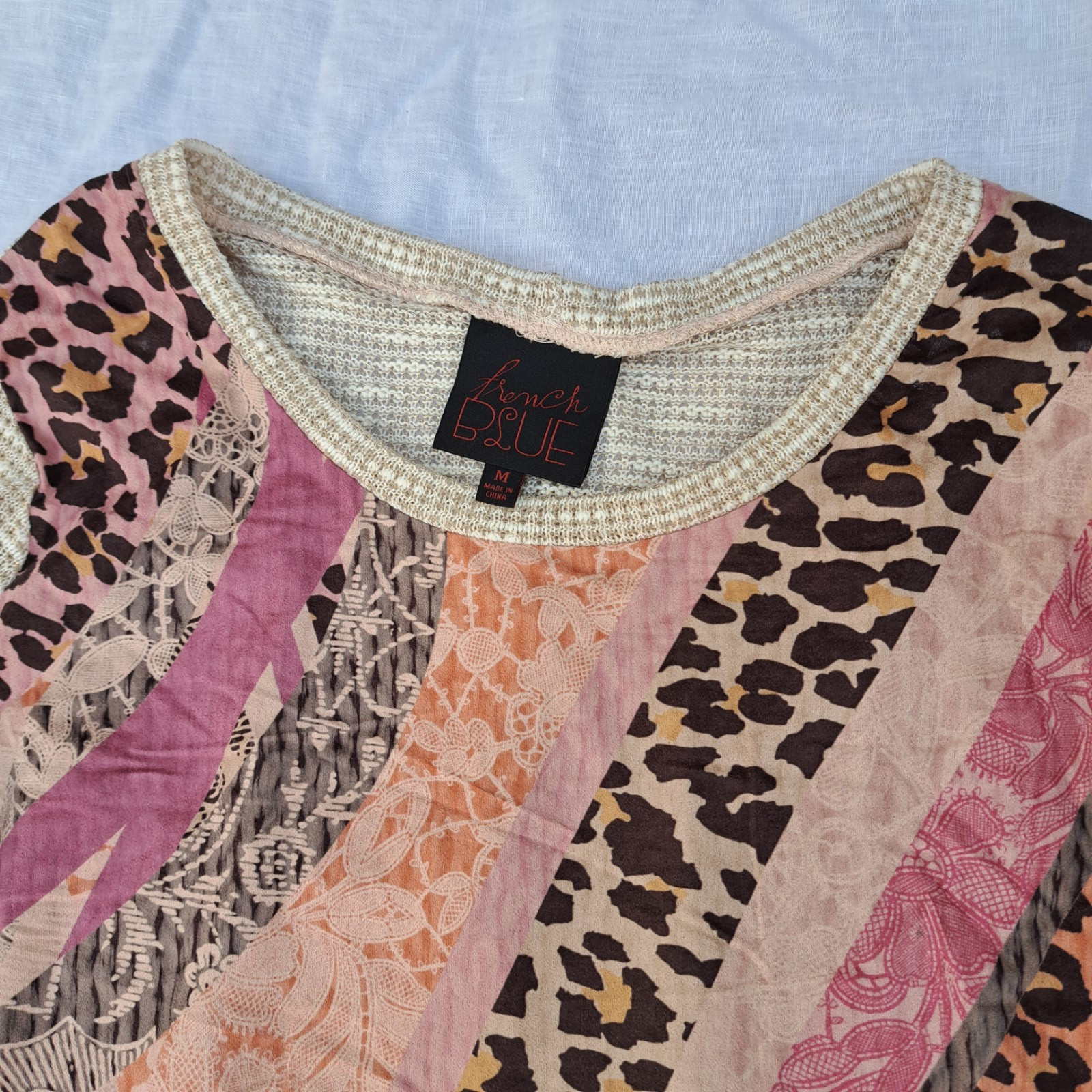 (M) French Blue 3/4 Sleeve Microsuede Sparkle Leopard Top Shirt Blouse sz Medium