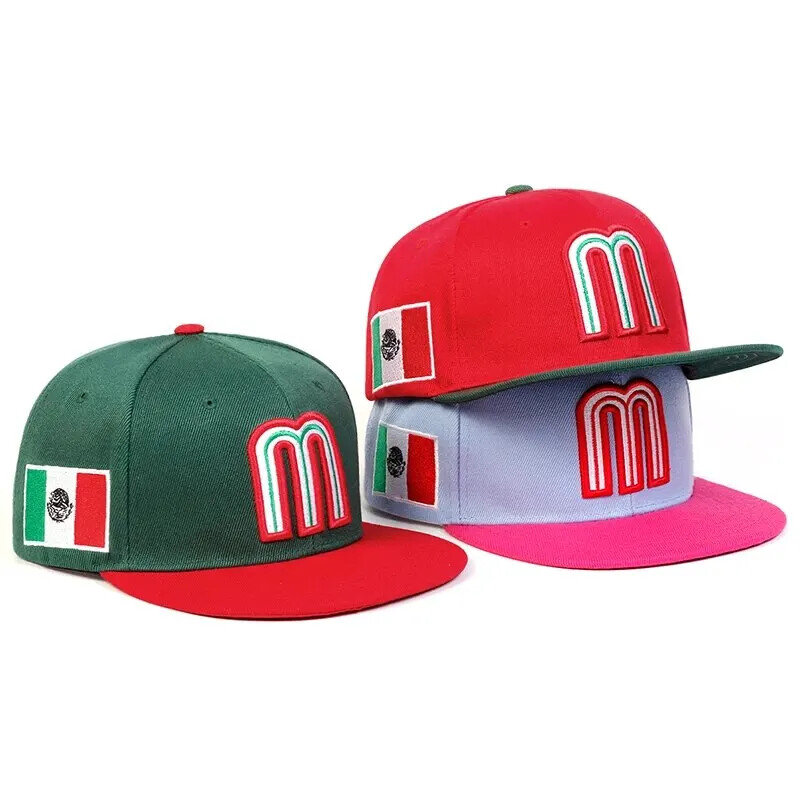 Mexico Baseball Cap Letter M With Embroidered Flag Flat Brim Snapback Hat